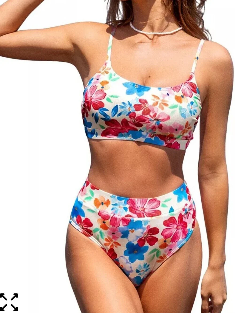 Cupshe Floral Ribbed Bikini Set High Waisted Tropical Swimsuit M/L - Picture 2 of 7